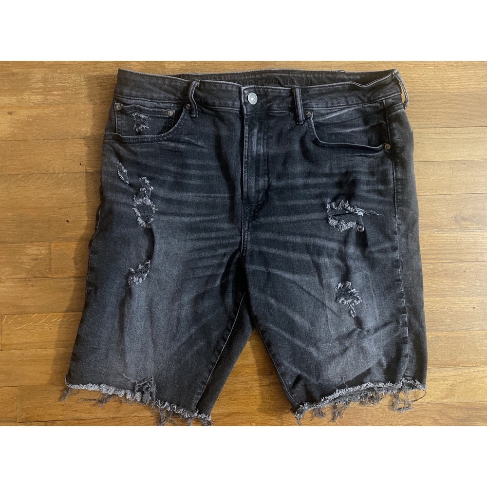 American Eagle Mens Denim Shorts Black Airflex+ Distressed Raw Hem Skater Grunge